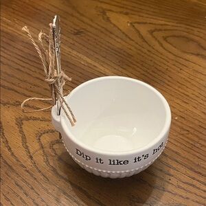 Mud Pie White Ceramic Dip Bowl with Silverplate Spreader,‎ NWT